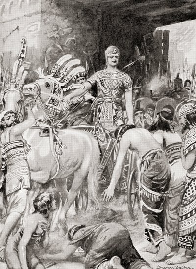 Egyptin Psamtik I astumassa Azotuksen tai Asdodin kaupunkiin, Hutchinsons History of the Nations, pub.1915. tekijältä after Robert Dudley