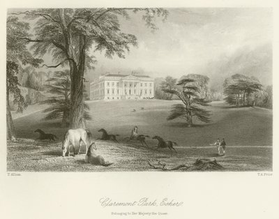 Claremont Park, Esher, joka kuuluu Hänen Majesteettinsa Kuningattarelle tekijältä after Thomas Allom