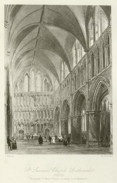 St Saviors Church, Southwark, 1850, muinainen St Mary Overyes, katsoen kaakkoon tekijältä after Thomas Allom