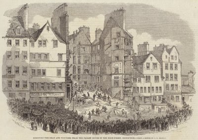Kuolleiden ja haavoittuneiden poistaminen kaatuneesta talosta High-Streetissä, Edinburghissa tekijältä after Thomas Harrington Wilson