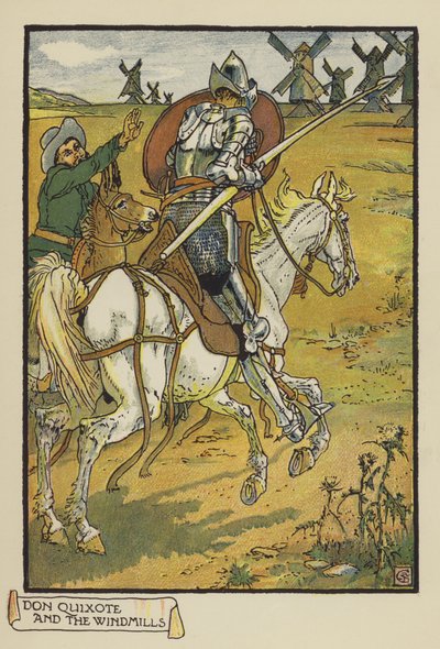 Don Quijote ja tuulimyllyt tekijältä after Walter Crane