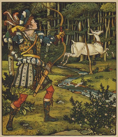 Prinssi Guerrier jahtaa Hindiä metsässä tekijältä after Walter Crane