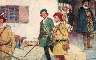 Shakespeare näkee joukon harjoittelijoita jousineen ja nuoleineen menossa jousiammuntakentille Moorfieldsissä Lontoossa tekijältä after William Hatherell