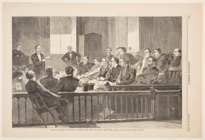 Valamiehet kuuntelevat asianajajaa, korkein oikeus, New City Hall, New York tekijältä Winslow Homer