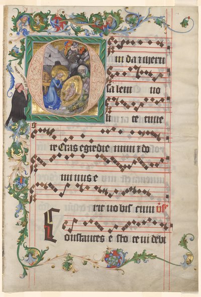 Bifolio antifonaarista: Historiated Initial O with the Nativity tekijältä after a work attributed to Zhou Wenju