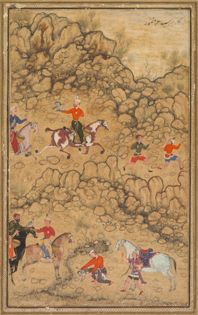 Metsästys haukkojen kanssa maisemassa; Verso: Kalligrafia Chaghatai-turkkilaisista runoista, joissa ylistetään viiniä, sulttaani Muhammad Nur (persia, n. 1472–1536) ja Mirza Muhammad (luultavasti persialainen, aktiivinen noin 1520-luku) tekijältä attributed to Abd al Samad (Persian, c. 1510–1600)