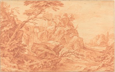 Kalliomainen maisema kivitornilla ja vesiputouksella tekijältä attributed to Adriaen Frans Boudewyns
