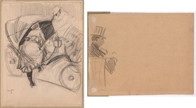 Nainen astumassa Fiacre (recto); Oikea profiili miehestä, jolla on pitkä hattu (käänteinen) tekijältä attributed to Jean Louis Forain