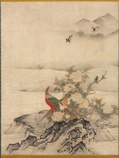 Kukkia ja lintuja keväisessä maisemassa tekijältä attributed to Kano Motonobu