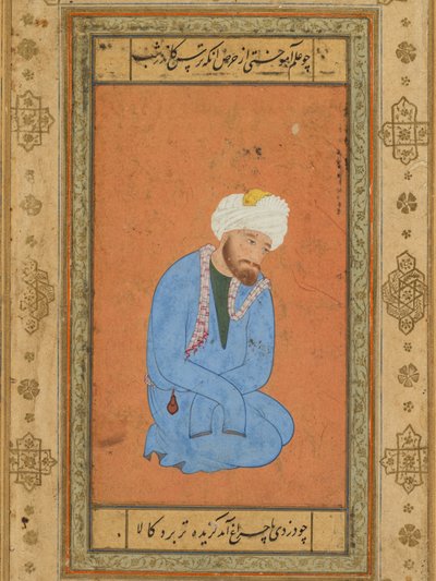 Polvistuvan pyhän miehen muotokuva Prinssi Salim -albumista tekijältä attributed to Mir Sayyid Ali (Persian, active in India