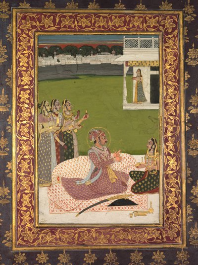 Muotokuva Maharaja Savant Singhistä puolison Bani Thanin kanssa tekijältä attributed to Nihal Chand