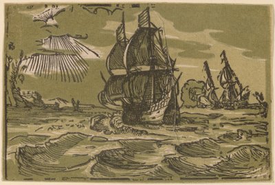 Kaksi kolmen päällikön alusta rannikolla tekijältä attributed to workshop of Willem Jansz. Blaeu