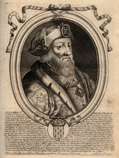 Clotaire (Clothaire) I:n (497 - 561), Neutrian kuninkaan ja frankkien kuninkaan muotokuva - Clothar I, frankkien kuningas - kaiverrus teoksesta "Les Augustes Representations de tous les Kings de France from Pharamond to LouisXIV", Pariisi tekijältä de Larmessin