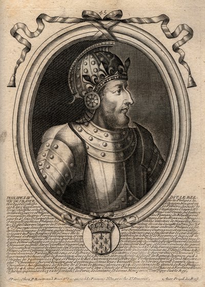 Muotokuva Philip IV Belistä (1268 - 1314), Ranskan kuningas - Philip IV Kaunis (1268-1314) Ranskan kuningas - kaiverrus teoksesta "Les Augustes Representations de tous les Kings de France from Pharamond to LouisXIV", Pariisi tekijältä de Larmessin
