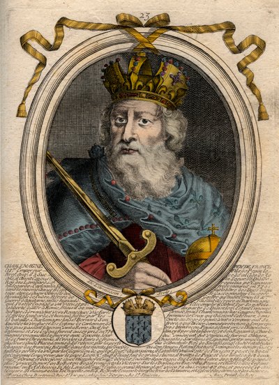 Kaarle Suuri (Charles I dit le Grand, Carolus Magnus, 742-814), frankkien kuningas - Kaarle Suuri (Carolus Magnus, Kaarle Suuri) (747-814) Frankkien kuningas ja lännen kristitty keisari - kaiverrus Lesistä Augustes Representations de tous les Ki tekijältä de Larmessin