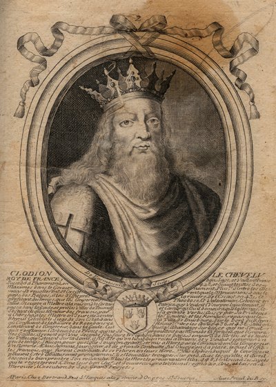 Clodion dit "" Le Chevelu"" (428-448), merovingien esi-isä, salialaisten frangien päällikkö - Clodion The Hairy (n. 428-47) Salian frankkien heimon kuningas - kaiverrus Les Augustes Representationsista de tous les Kings de France alkaen Pharamond t tekijältä de Larmessin