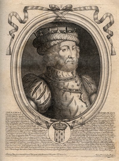 Caribertin, frankkien kuninkaan (561-567) muotokuva - Caribert tai Charibert (k.567) frankkien kuningas - kaiverrus teoksesta "Les Augustes Representations de tous les Kings de France from Pharamond to LouisXIV", Pariisi tekijältä de Larmessin