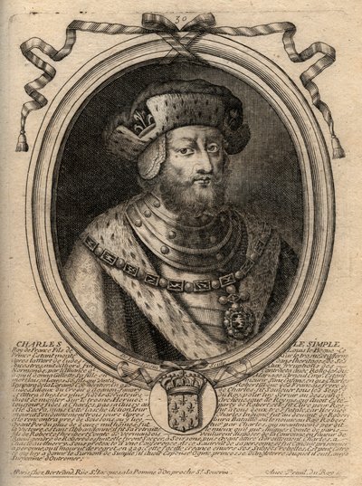 Kaarle III dit le Simplen (879-929) frankkien kuninkaan muotokuva - KARLES III (879-929) - Kaarle Yksinkertainen - Ranskan kuningas, 893-923 - kaiverrus teoksesta "Les Augustes Representations de tous les Kings de France from Pharamond LouisXIV:lle, Pariis tekijältä de Larmessin