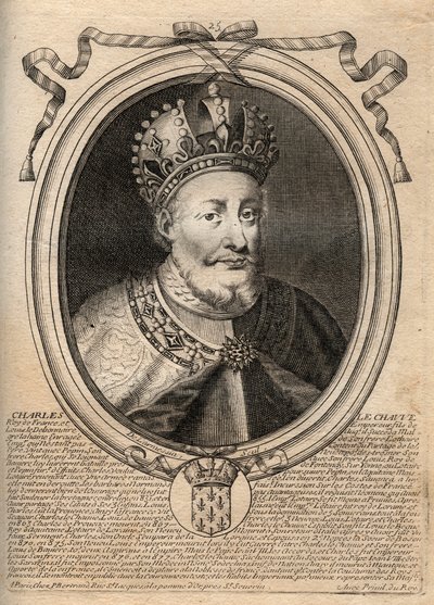 Kaarle II Kaljuun (823 - 877), Ranskan kuninkaan - Kaarle II (823-77) Kaljuun muotokuva - kaiverrus teoksesta "Les Augustes Representations de tous les Kings de France from Pharamond to LouisXIV", Pariisi tekijältä de Larmessin