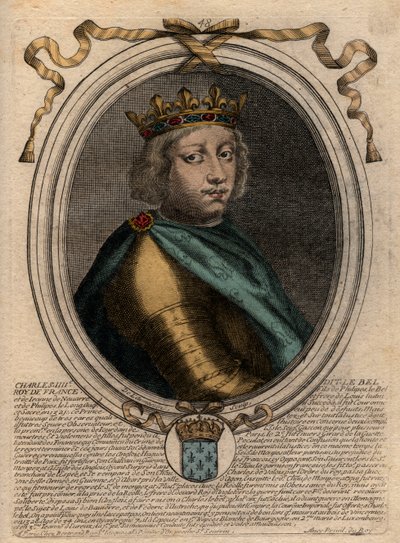 Muotokuva Kaarle IV Belistä (1294-1328), Ranskan kuningas - Kaarle IV "Koulullinen" (1294-1328) Ranskan kuningas - kaiverrus teoksesta "Les Augustes Representations de tous les Kings de France from Pharamond to LouisXIV", Pariisi tekijältä de Larmessin