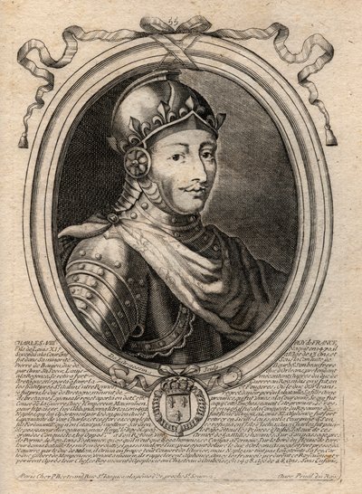 Muotokuva Kaarle VIII:sta (1470-1498) Valois-dynastian Ranskan kuningas - Kaarle VIII (1470-98) Ranskan kuningas - kaiverrus teoksesta "Les Augustes Representations de tous les Kings de France from Pharamond to LouisXIV", Pariisi tekijältä de Larmessin