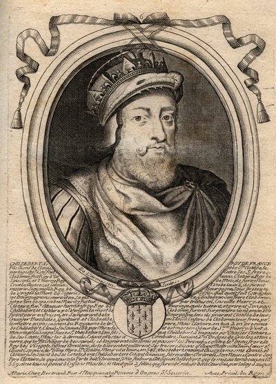 Childebert I:n, frangien kuninkaan muotokuva - kuningas Childebert I (497-558) - kaiverrus teoksesta "Les Augustes Representations de tous les Kings de France from Pharamond to LouisXIV", Pariisi tekijältä de Larmessin