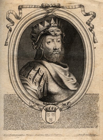 Muotokuva Childeric I:stä, Saliansin frangien kuninkaan (436-481) - CHILDERIC I:n Salian frankkien kuninkaan muotokuva - kaiverrus teoksesta "Les Augustes Representations de tous les Kings de France from Pharamond to LouisXIV", Pariisi tekijältä de Larmessin