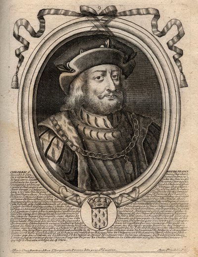 Chilperic I:n (539 - 584), Neutrian kuninkaan muotokuva - Chilperic I, Merovingien Ranskan kuningas - kaiverrus teoksesta "Les Augustes Representations de tous les Kings de France from Pharamond to LouisXIV", Pariisi tekijältä de Larmessin