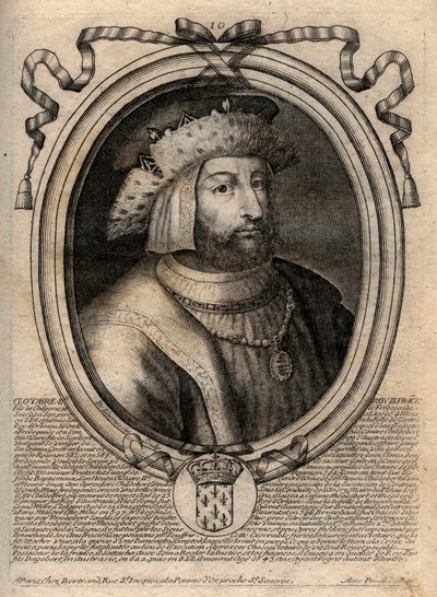 Clotaire (Clothaire) II:n (584 - 628), Neutrian kuninkaan ja frankkien kuninkaan muotokuva - Clotaire tai Chlotar II (k.629) frankkien kuningas - kaiverrus teoksesta Les Augustes Representations de tous les Kings de France from Pharamond LouisXIV