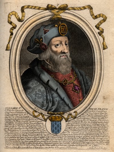Clotaire (Clothaire) I:n (497-561), Neutrian kuninkaan ja frankkien kuninkaan muotokuva - Clothar I, frankkien kuningas - kaiverrus teoksesta "Les Augustes Representations de tous les Kings de France from Pharamond to LouisXIV", Pariisi tekijältä de Larmessin