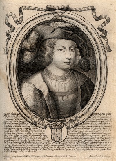 Clothaire III:n (652 - 673), Neutrian ja Burgundin kuninkaan muotokuva - Chlothar III tai Clotaire III, frankkien kuningas Merovingien talosta - kaiverrus teoksesta "Les Augustes Representations de tous les Kings de France Pharamondista LouisxIV:ään" tekijältä de Larmessin