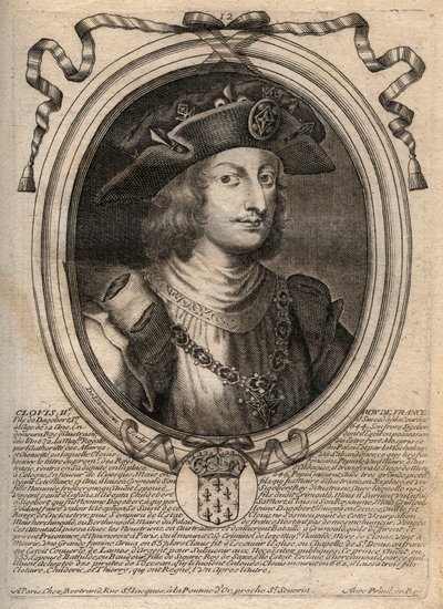 Muotokuva Clovis II:sta, frangien kuninkaan (v.633-657) - Clovis II:n (n.634-657), Merovingien frankkien Neutrian ja Burgundin kuninkaasta (639-657) - kaiverrus teoksesta "Les Augustes Representations de tous les Kings" de France Pharamondista LouisXIV