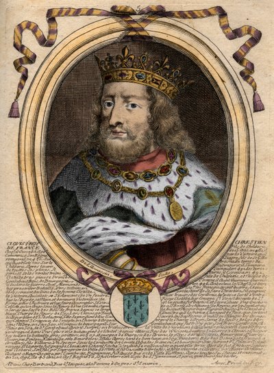 Clovis I:n (noin 466 - 511), frankkien kuninkaan muotokuva - Clovis I:n (c466-511), frankkien kuninkaan muotokuva - kaiverrus teoksesta "Les Augustes Representations de tous les Kings de France from Pharamond to LouisXIV", Pariisi tekijältä de Larmessin