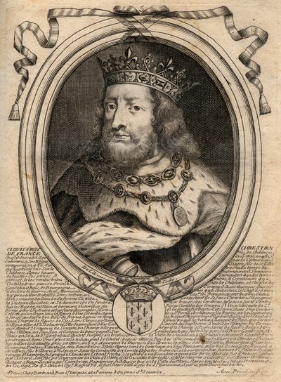 Clovis I:n (s. 466 - 511), frankkien kuninkaan muotokuva - Clovis I:n (466-511), frankkien kuninkaan muotokuva - kaiverrus teoksesta "Les Augustes Representations de tous les Kings de France from Pharamond to LouisXIV", Pariisi tekijältä de Larmessin