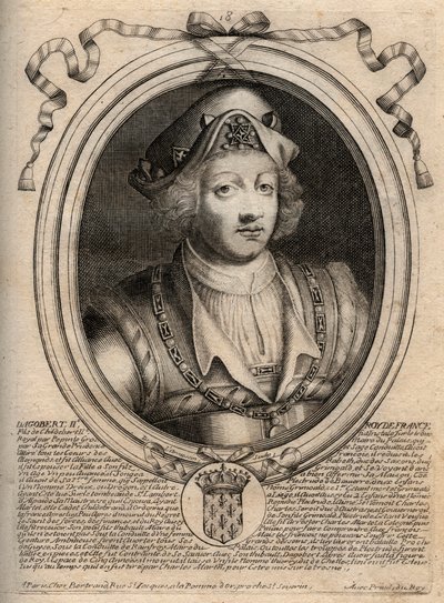 Dagobert II:n, 711a 716 frangien kuninkaan muotokuva - Dagobert II (676-679), Austraasian kuningas - kaiverrus teoksesta "Les Augustes Representations de tous les Kings de France from Pharamond to LouisXIV", Pariisi tekijältä de Larmessin