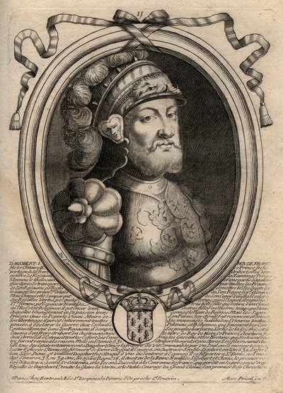 Dagobertin, frangien kuninkaan muotokuva 628-638 - Dagobert (605-39) frankkien kuningas - kaiverrus teoksesta "Les Augustes Representations de tous les Kings de France from Pharamond to LouisXIV", Pariisi tekijältä de Larmessin