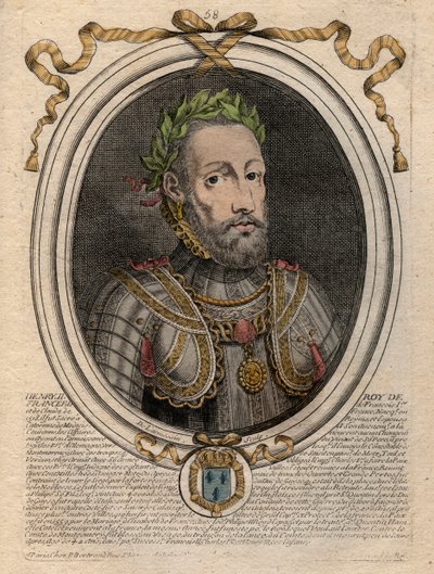 Muotokuva Henrik II:sta (1519-1559) Ranskan kuningas - Henrik II (1519-59), Ranskan kuningas - kaiverrus teoksesta "Les Augustes Representations de tous les Kings de France from Pharamond to LouisXIV", Pariisi tekijältä de Larmessin