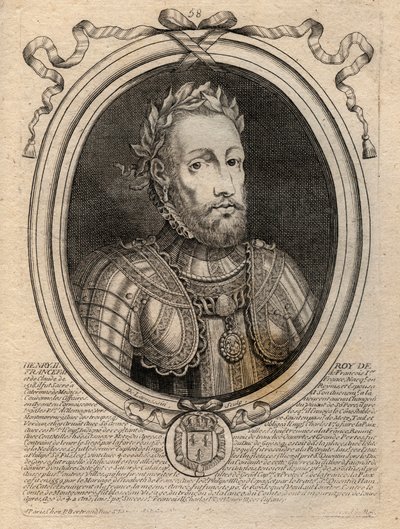 Muotokuva Henrik II:sta (1519 - 1559) Ranskan kuningas - Henrik II (1519-59), Ranskan kuningas - kaiverrus teoksesta "Les Augustes: Kaikkien Ranskan kuninkaiden esitykset Pharamondista LudvigXIV:hen", Pariisi tekijältä de Larmessin