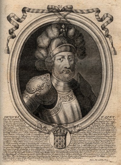 Hugues I Capetin (n. 941 - 996), Ranskan herttuan ja sitten Ranskan kuninkaan muotokuva - Hugues I Capetin (n. 941-996), Ranskan kuninkaan muotokuva - kaiverrus teoksesta "Les Augustes Representations de tous les Kings de Ranska Pharamondista LouisXIV