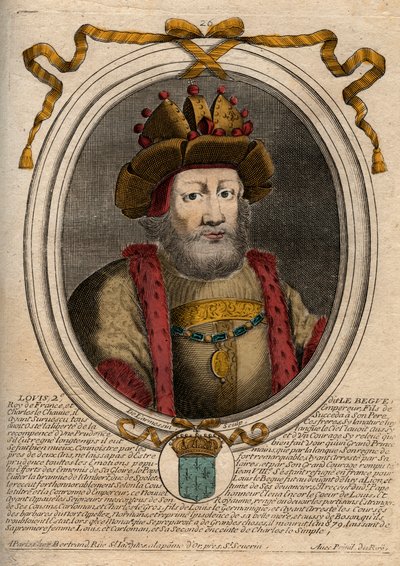 Ludvig II Begue tai Faineant (846 - 879), frangien kuninkaan muotokuva - Ludvig II Stammerer 848-879 - kaiverrus teoksesta "Les Augustes Representations de tous les Kings de France from Pharamond to LouisXIV", Pariisi tekijältä de Larmessin