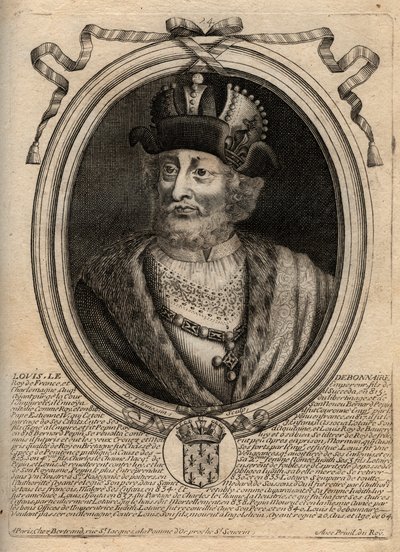 Ludvig I hurskaan (778-840), Ranskan kuninkaan muotokuva - Ludvig I hurskas (778-840) Pyhän Rooman keisari - kaiverrus teoksesta "Les Augustes Representations de tous les Kings de France from Pharamond to LouisXIV", Pariisi tekijältä de Larmessin