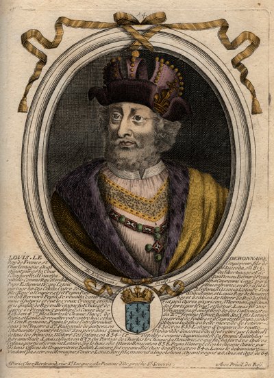 Ludvig I hurskaan tai "" Debonnairen" (778-840), Ranskan kuninkaan muotokuva - Ludvig I hurskaan (778-840) Ranskan kuningas, Pyhän Rooman keisari - kaiverrus teoksesta "Les Augustes Representations de tous les" Kings de France Pharamondista LouisXIV:hen Pa tekijältä de Larmessin