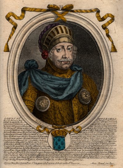 Ludvig VI:n muotokuva, nimeltään The Fat - kaiverrus teoksesta "Les Augustes Representations de tous les Kings de France from Pharamond to LouisXIV", Pariisi tekijältä de Larmessin