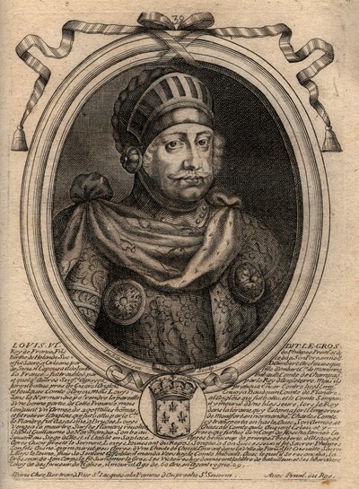 Ludvig VI:n muotokuva, nimeltään The Fat - kaiverrus teoksesta "Les Augustes Representations de tous les Kings de France from Pharamond to LouisXIV", Pariisi tekijältä de Larmessin