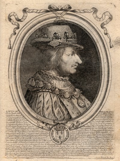 Ludvig XI:n (1423-1483), Ranskan kuninkaan muotokuva - Ludvig XI:n (1423-1483), Ranskan kuninkaan muotokuva - kaiverrus teoksesta "Les Augustes Representations de tous les Kings de France from Pharamond to LouisXIV", Pariisi tekijältä de Larmessin
