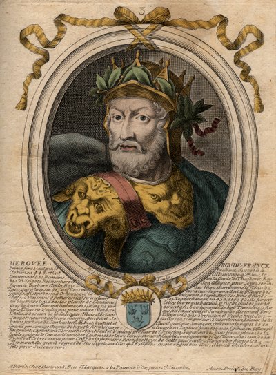 Muotokuva Meroveesta tai Merovechistä, frangikuningas (v448-v458), ensimmäinen Merovingialaisen rodun kuningas - Muotokuva Merovechista (Meroveus) (d456) Salian frankkien kuningas - kaiverrus 