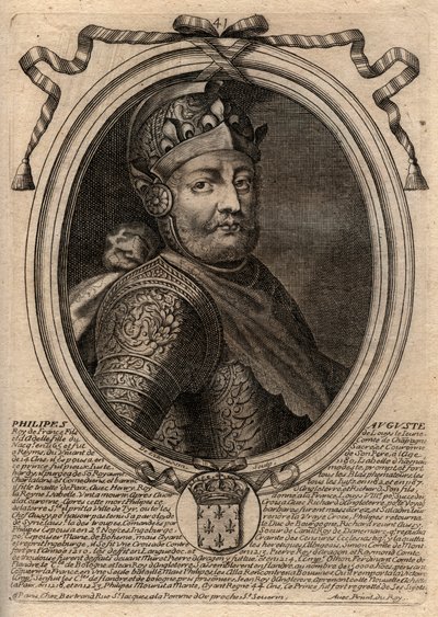Philip II dit Philippe Auguste (1165-1223) muotokuva - Philip Augustus II (1165-1223) Ranskan kuningas - kaiverrus teoksesta "Les Augustes Representations de tous les Kings de France from Pharamond to LouisXIV", Pariisi tekijältä de Larmessin