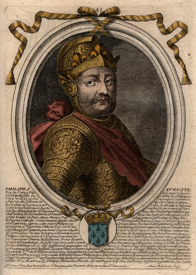 Philip II dit Philippe Auguste (1165-1223) muotokuva - Philip Augustus II (1165-1223) Ranskan kuningas - kaiverrus teoksesta "Les Augustes Representations de tous les Kings de France from Pharamond to LouisXIV", Pariisi tekijältä de Larmessin
