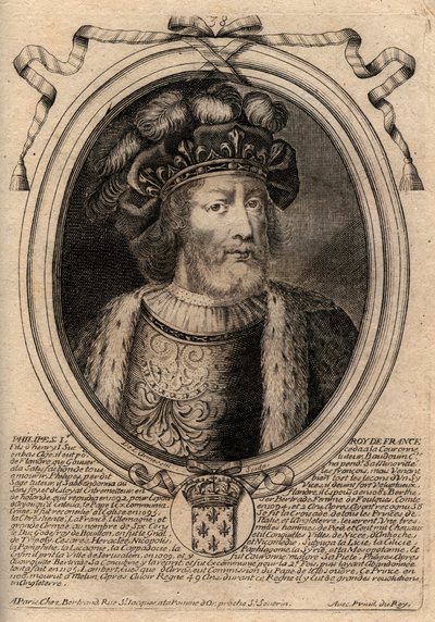 Muotokuva Philip I:stä (1060 - 1108), Ranskan kuningas - Philip I (1053-1108) Ranskan kuningas - kaiverrus teoksesta "Les Augustes: Kaikkien Ranskan kuninkaiden esitykset Pharamondista LudvigXIV:hen", Pariisi tekijältä de Larmessin