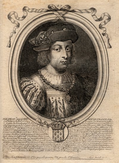Philip V Pitkän (1294 - 1322), Ranskan kuninkaan muotokuva - Philip V (1294-1322) "Pitkä" - kaiverrus teoksesta "Les Augustes: Kaikkien Ranskan kuninkaiden esitykset Pharamondista LudvigXIV:hen", Pariisi tekijältä de Larmessin
